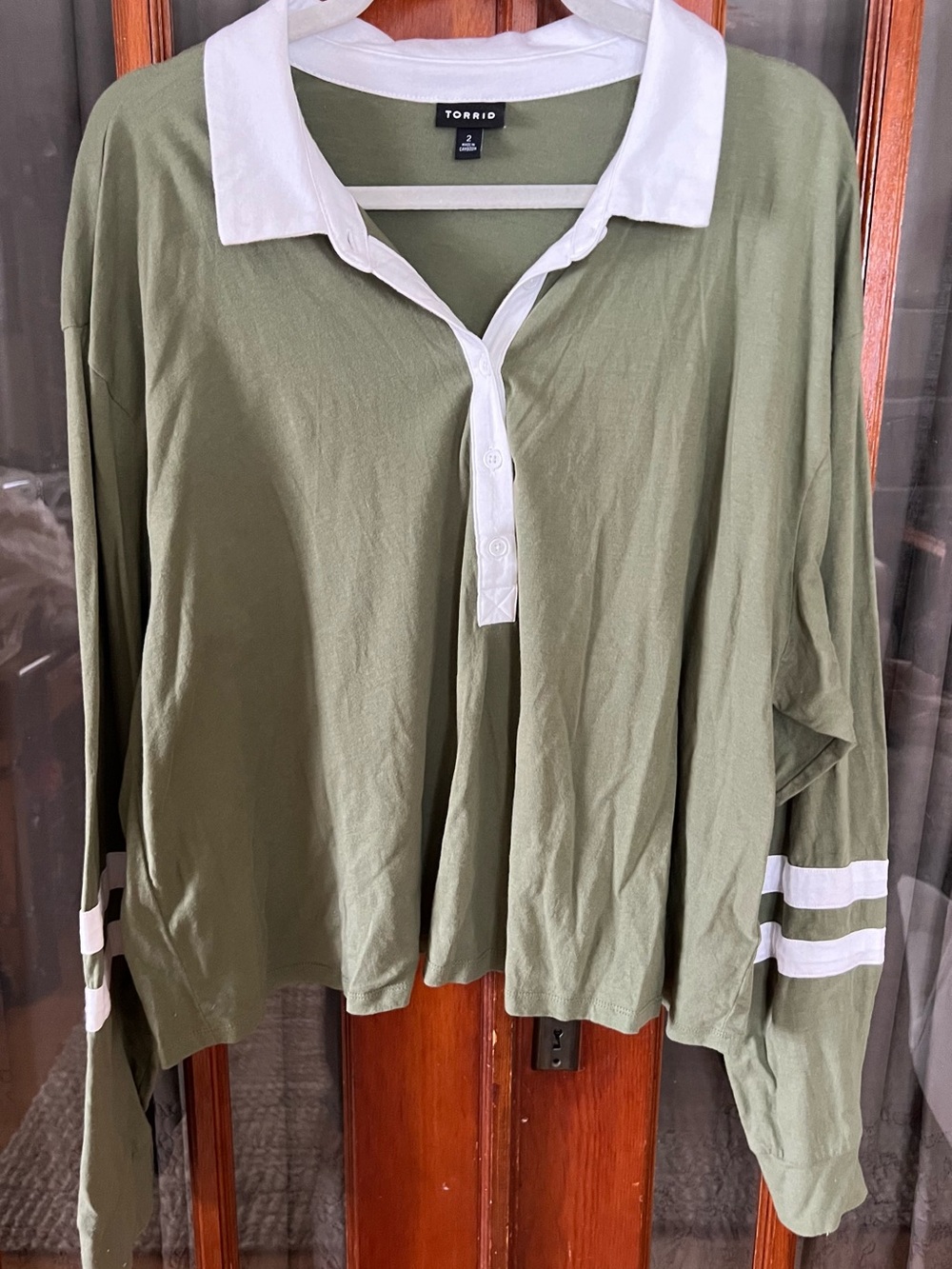 Torrid Olive Green and White Rugby Top